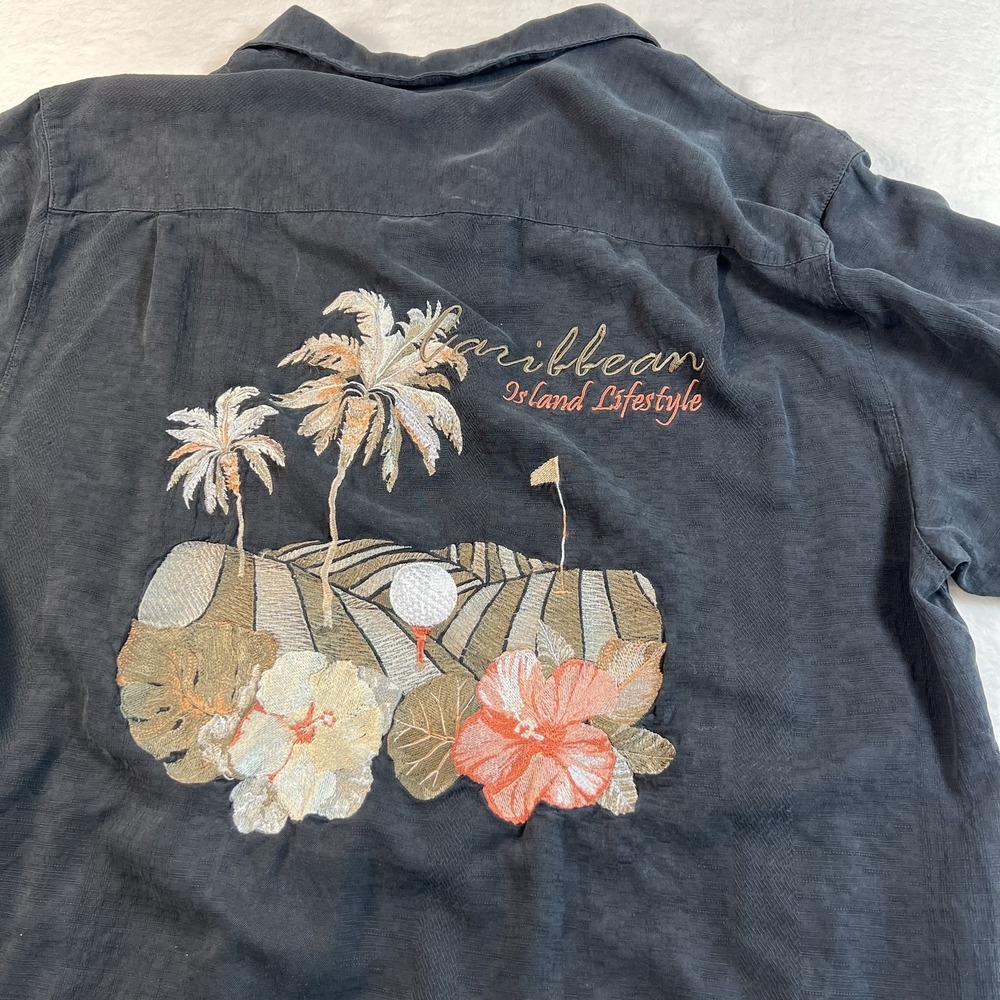 Caribbean Shirt Mens Large Gray 100% Silk Golf Embroidered Hawaiian Camp Island